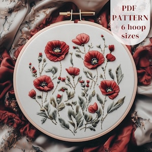 Modello di ricamo a mano con fiori di papavero, disegno di ricamo con prato di papaveri rossi, modello PDF di ricamo stampabile, motivo di ricamo floreale