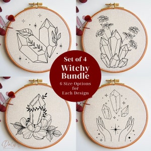 Crystals Embroidery PDF Patterns Bundle, Witchy Embroidery Design Bundle, DIY Embroidery Hoop Art Beginners, Wiccan Stitching Art Designs