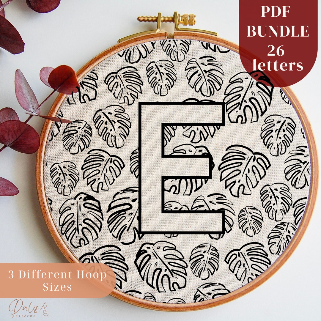 Monstera Monogram Monogram Hand Embroidery Pattern, Monstera Leaves Embroidery Design ...