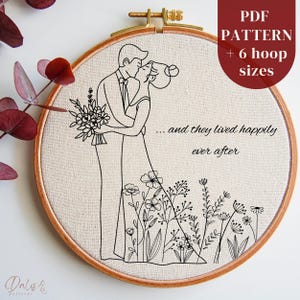 May include: A black and white line drawing of a couple kissing, surrounded by flowers. The text "...and they lived happily ever after" is below the couple.