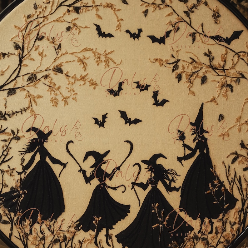 Dancing Witches Hand Embroidery Design, Witchy Embroidery PDF Pattern, Gothic Embroidery Art Printable, DIY Halloween Embroidery Craft image 3