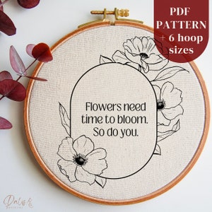Diseño de bordado a mano con cita motivacional, patrón PDF de bordado de corona de flores, plantilla moderna de arte de bordado DIY, descarga digital
