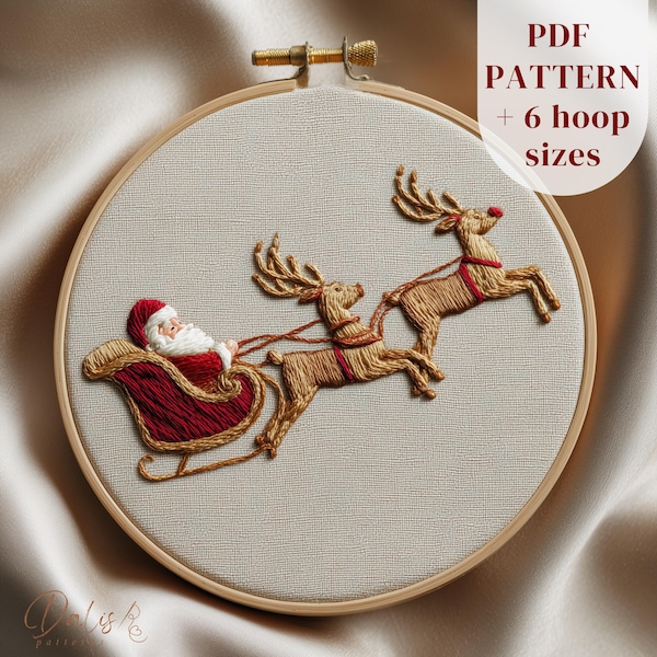 Christmas Hand Embroidery Design - Flying Santa and Reindeer Hoop Art PDF, DIY Holiday Stitch
