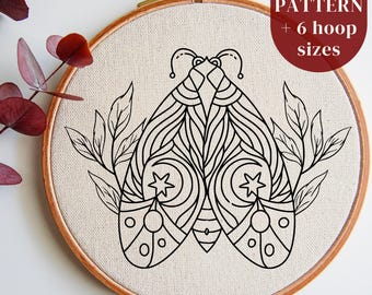 Modèle de motif PDF de broderie papillon de nuit, cerceau de broderie lunatique à la main, motif feuilles et insectes, téléchargement numérique