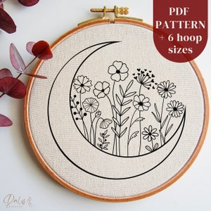 Flowers Moon Embroidery Pattern Template, Celestial Hand Embroidery Hoop Art Design for Beginners, Whimsical Needlepoint Digital Design