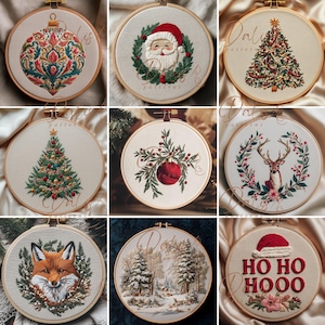 May include: A collection of nine circular embroidery hoops featuring holiday designs including a Christmas ornament, Santa Claus, a decorated tree, a red bauble, a deer, a fox, a snowy forest, and the text HO HO HOOO with a Santa hat.