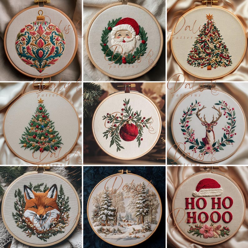 May include: A collection of nine circular embroidery hoops featuring holiday designs including a Christmas ornament, Santa Claus, a decorated tree, a red bauble, a deer, a fox, a snowy forest, and the text HO HO HOOO with a Santa hat.