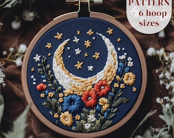 Celestial Hand Embroidery Pattern, Crescent Moon Embroidery Design, Flower Moon Stitching Pattern, Embroidery PDF Template, Digital Download