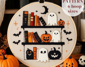 Patrón de bordado de estantería embrujada, diseño de bordado a mano de Halloween espeluznante, patrón PDF de pintura con hilo, bordado otoñal espeluznante