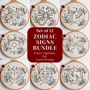 Zestaw wzorów do haftu zodiaku w formacie PDF, zestaw wzorów do haftu ręcznego ze znakami zodiaku astrologia, sztuka szycia dla początkujących, ręcznie robiony prezent urodzinowy