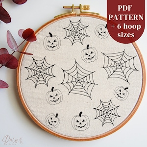 Motif de broderie à la main d&#39;Halloween, motif PDF de broderie effrayant, coutures de toiles d&#39;araignées et de citrouilles, modèle de broderie bricolage pour débutants