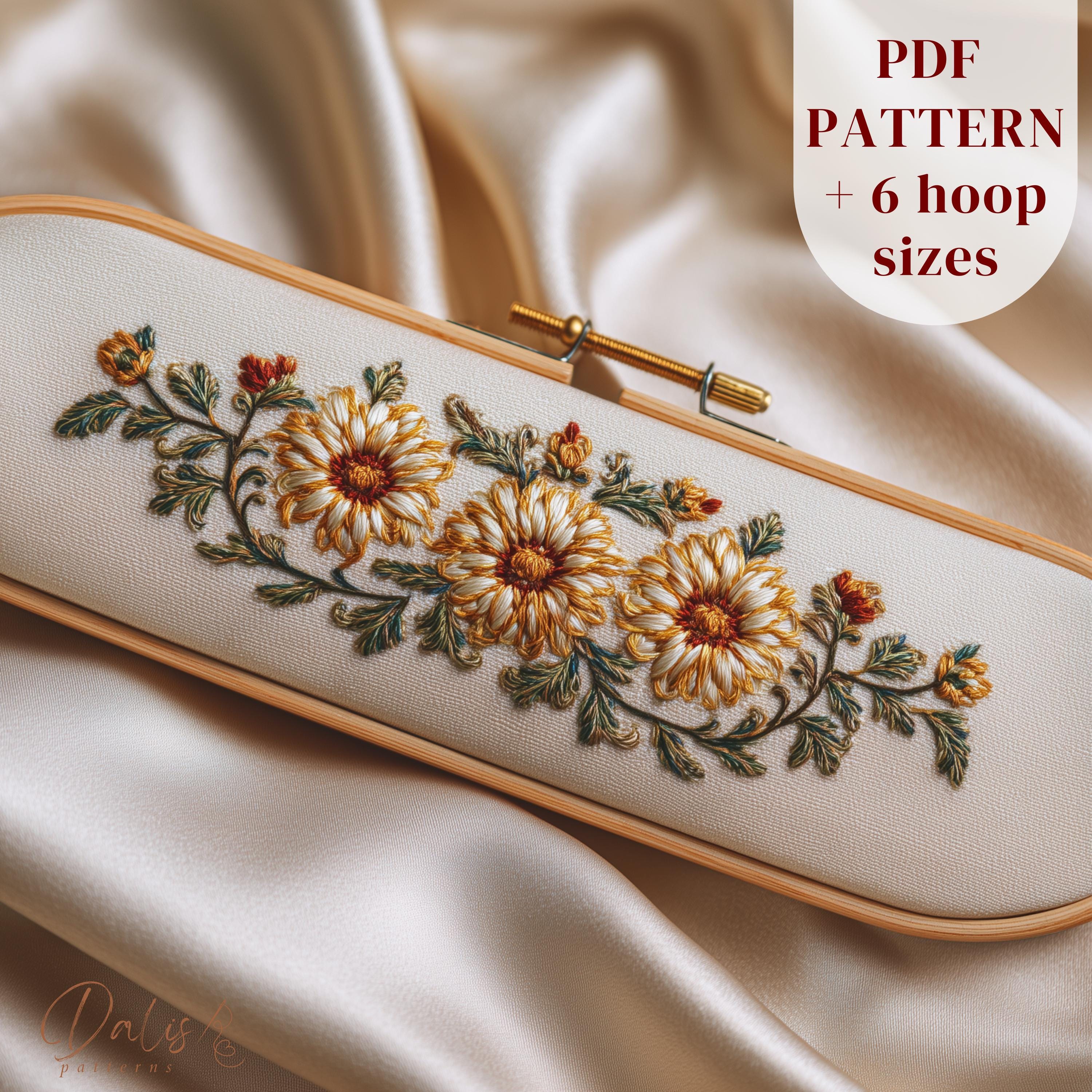 Floral Border Hand Embroidery Design, Vintage Flowers Hoop Art Pattern ...