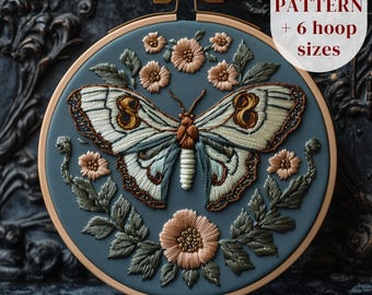 Gothic Luna Moth Embroidery Pattern, Insect Hand Embroidery Design, Whimsical Embroidery PDF Template, DIY Witchy Craft, Digital Download