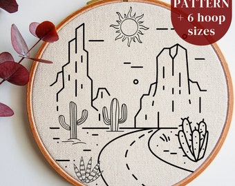 Landscape Hand Embroidery PDF Pattern File, Desert with Cactus Monoline Template, DIY Embroidery Hoop Art Beginners, Needlepoint Pattern