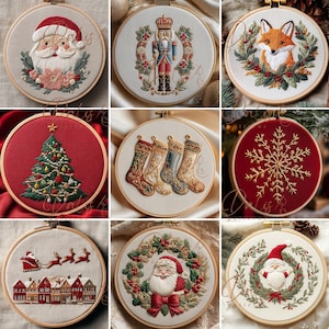 May include: A collection of nine circular embroidery hoops featuring Christmas-themed designs including Santa Claus, a nutcracker, a fox, a decorated Christmas tree, stockings, a snowflake, a sleigh, and festive wreaths on fabric.