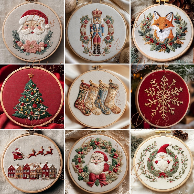 May include: A collection of nine circular embroidery hoops featuring Christmas-themed designs including Santa Claus, a nutcracker, a fox, a decorated Christmas tree, stockings, a snowflake, a sleigh, and festive wreaths on fabric.
