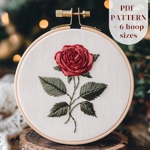 Rose Flower Hand Embroidery Pattern, Red Rose Embroidery Design, June Birth Month Flower Embroidery Template, Floral Stitching PDF Pattern