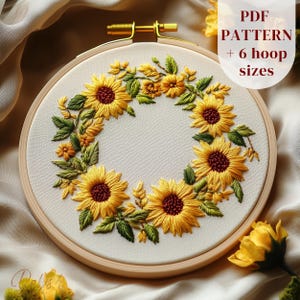 Sunflowers Wreath Hand Embroidery Pattern, Summer Flowers Embroidery Design, Botanical DIY Embroidery Template, Floral Stitching Pattern