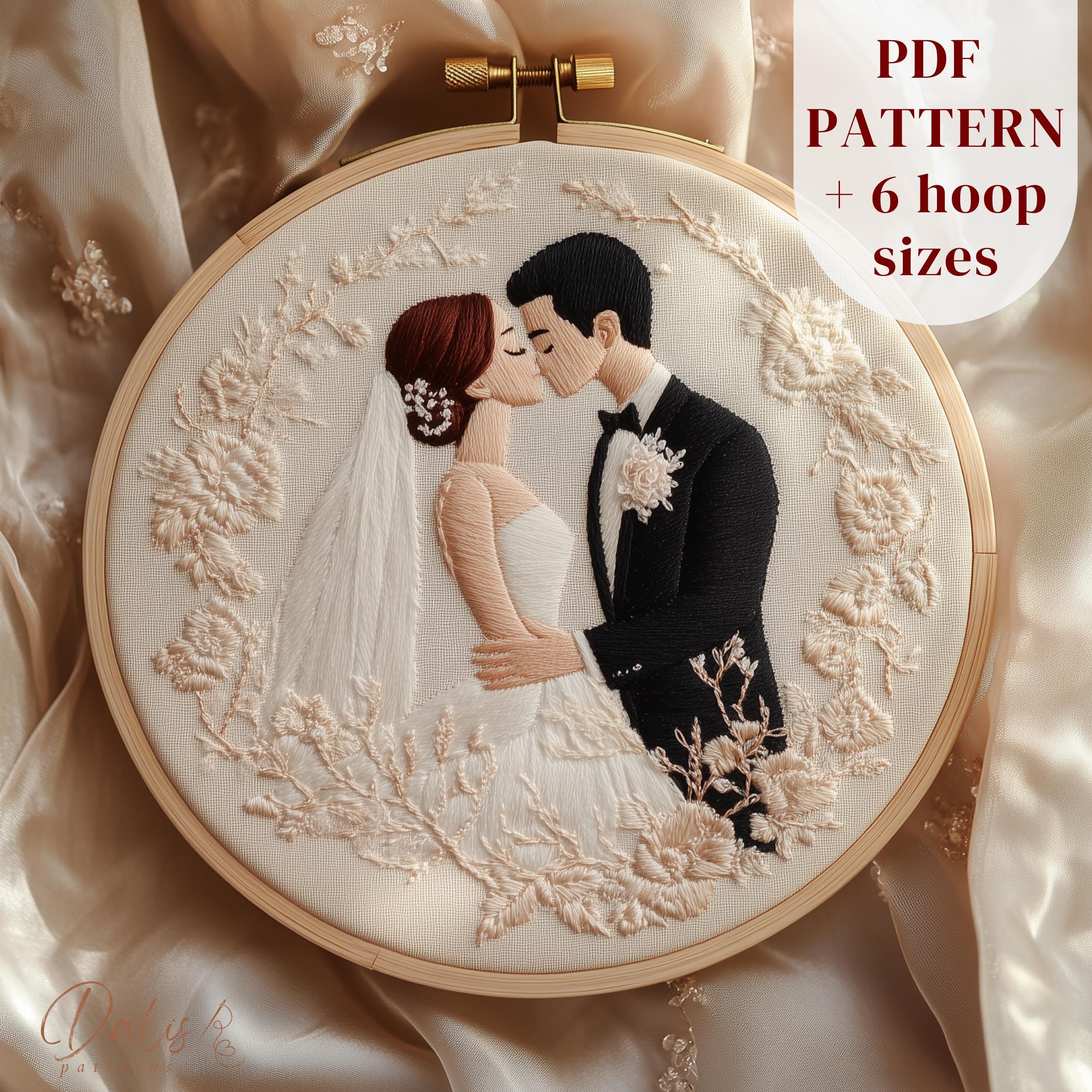 ウェディングキスの手刺繍パターン、新郎と新婦の刺繍アートデザイン