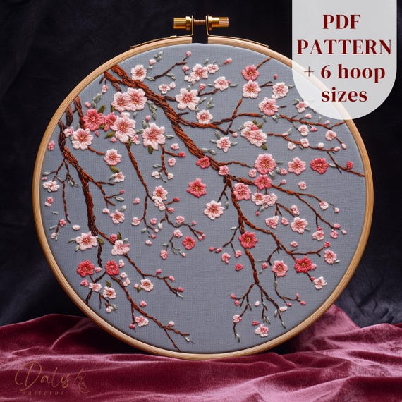 桜の木の手刺繍デザイン、桜の刺繍パターン、春のDIY刺繍アート（印刷