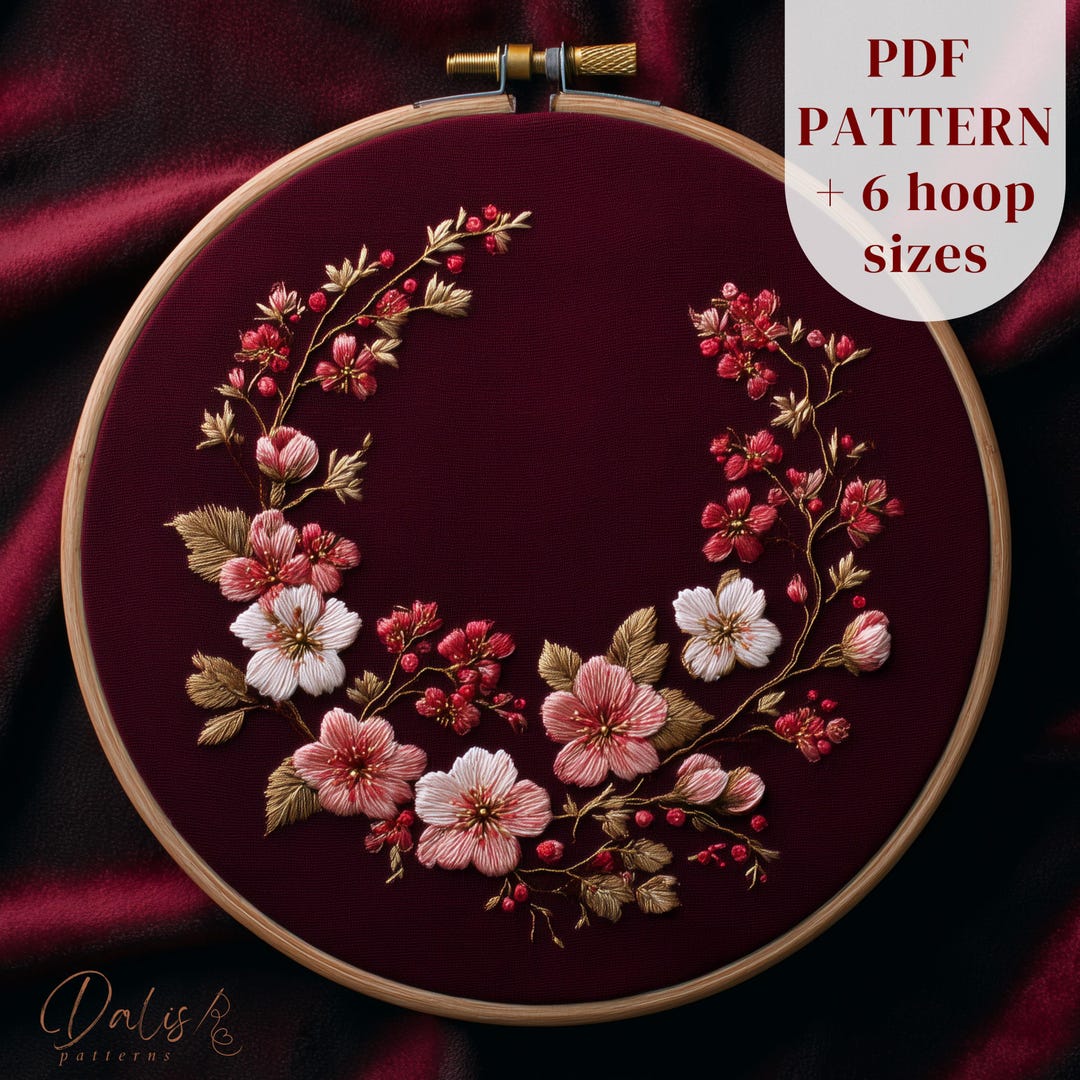 Sakura Cherry Blossom Hand Embroidery Pattern - Floral Wreath Hoop Art ...