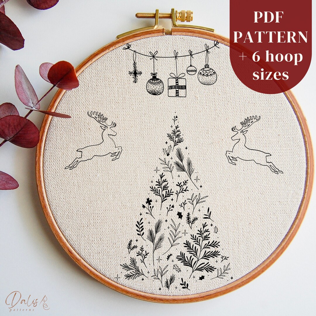 Hand Embroidery PDF Pattern File: Christmas Tree, Deer and Ornaments ...