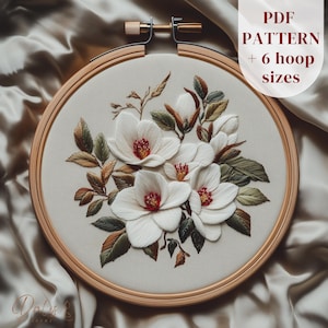 Puede incluir: Un bastidor de bordado con un diseño floral. El diseño presenta flores blancas con centros rojos y hojas verdes, sobre una tela crema. El bastidor de madera enmarca el diseño. Texto en la esquina superior derecha: "PDF PATTERN + 6 hoop sizes."