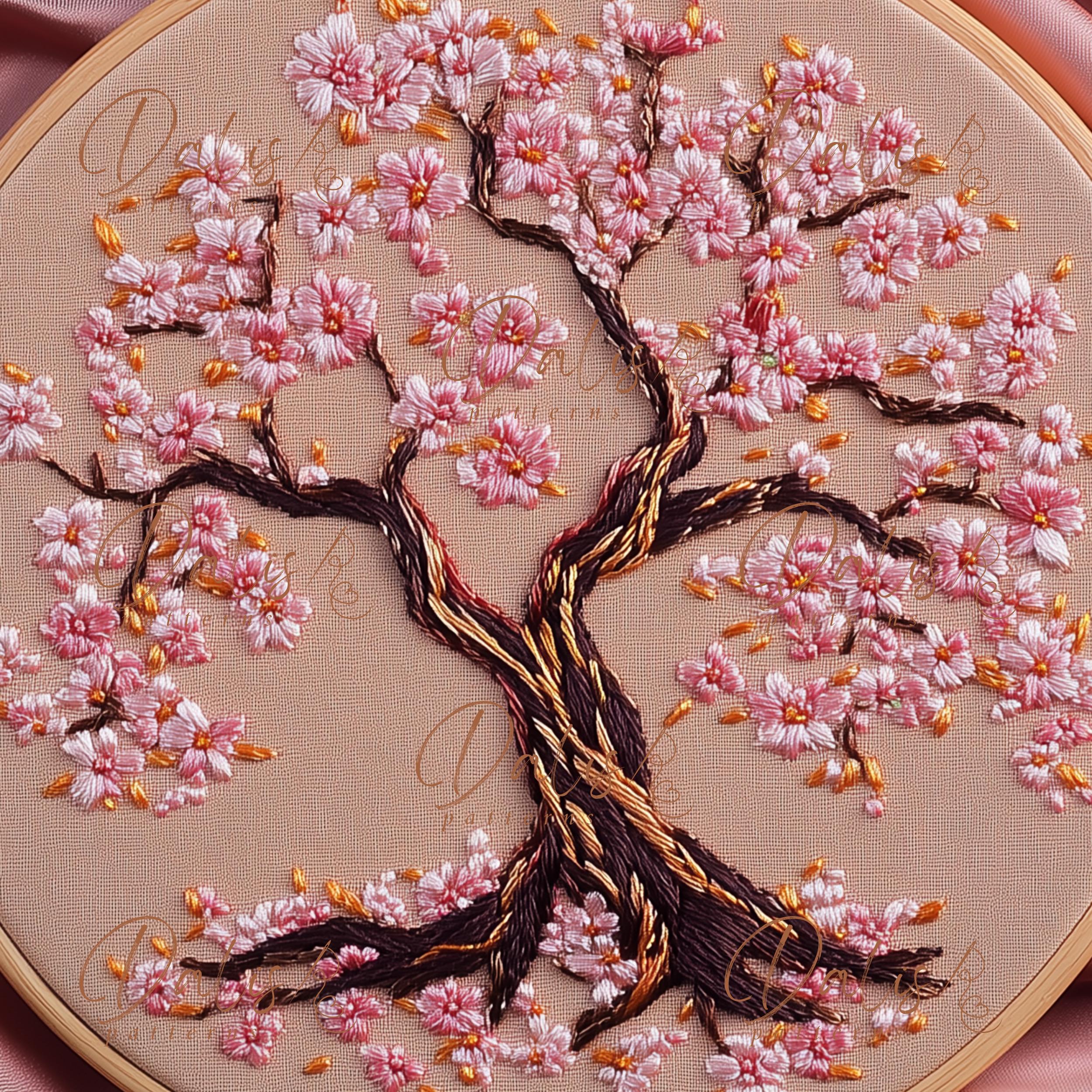 桜の手刺繍パターン、桜の木の刺繍デザイン、ピンクの桜の花の刺繍PDF