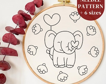 Flowers Wreath and Elephant Punch Needle Pattern, Beginner Punch Needle PDF Design, Animal Needlework Template, Handmade Nursery Decor