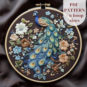 May include: Embroidered peacock with a blue and green tail, surrounded by white, pink, and blue flowers on a brown fabric background. The embroidery is in a round hoop.