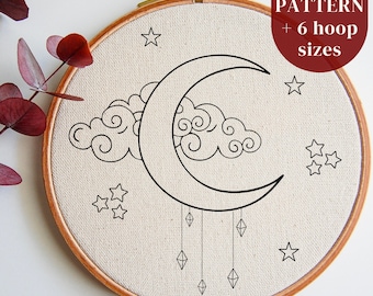 天体手刺繍パターン ファイル: 星、クリスタル、雲のある三日月、DIY