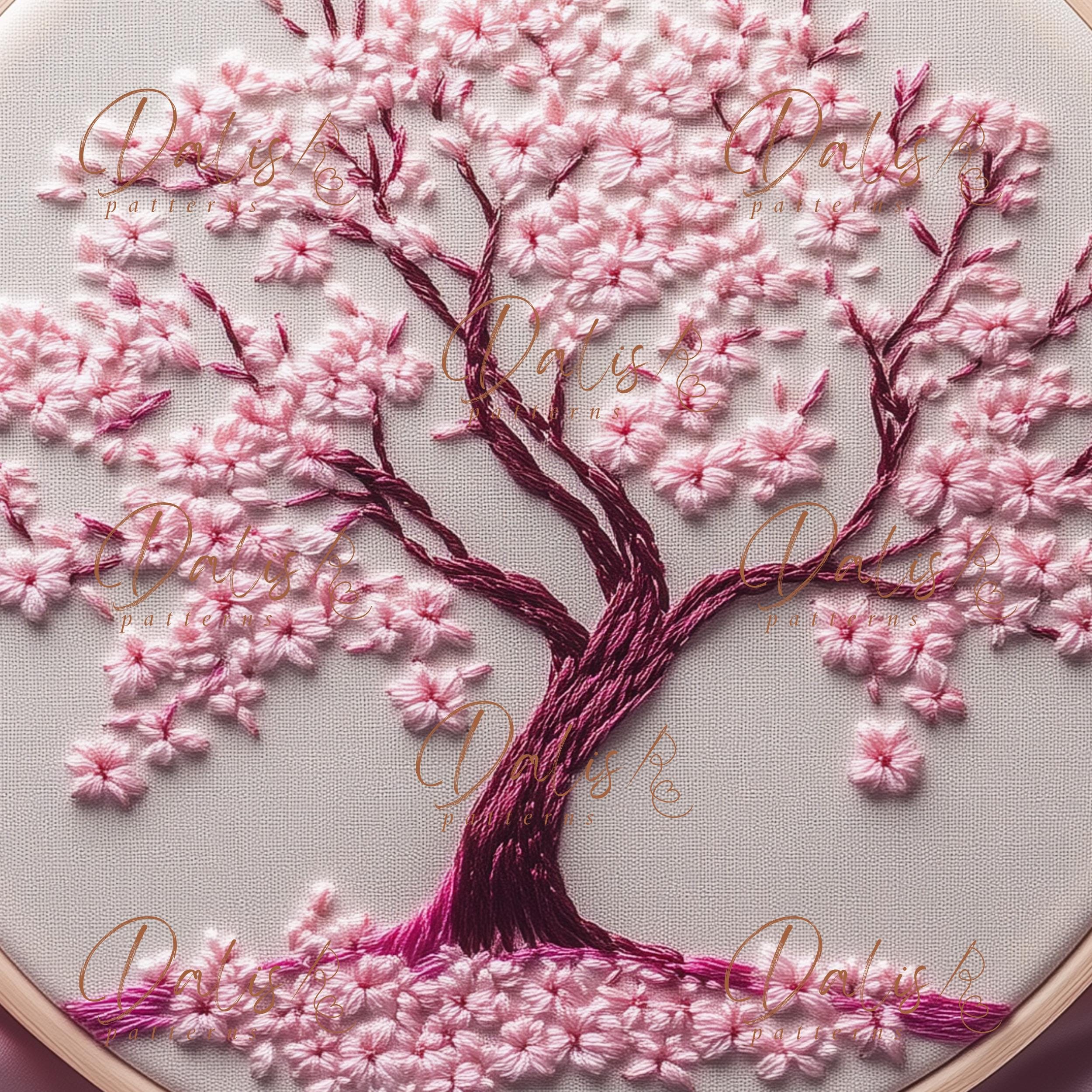 桜の手刺繍デザイン、ピンクの桜の木の刺繍パターン、春の花のDIY刺繍