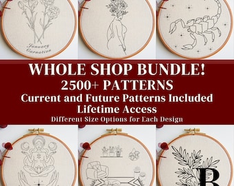 Hela butikens PDF-broderimönsterpaket, handsömnadsdesigner, mallar för DIY-broderiringkonst, nuvarande och framtida designer ingår