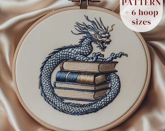 Dragon and Books Hand Embroidery Pattern, Fantasy DIY (PDF Pattern)