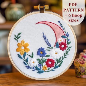Floral Crescent Moon Embroidery Design, Celestial Hand Embroidery PDF Pattern, DIY Embroidery Template, Beginner Friendly, Digital Download