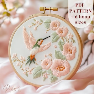 Hummingbird Hand Embroidery Pattern, Spring Flowers and Tropical Bird Embroidery Design, Animal Stitching PDF Template, Digital Download