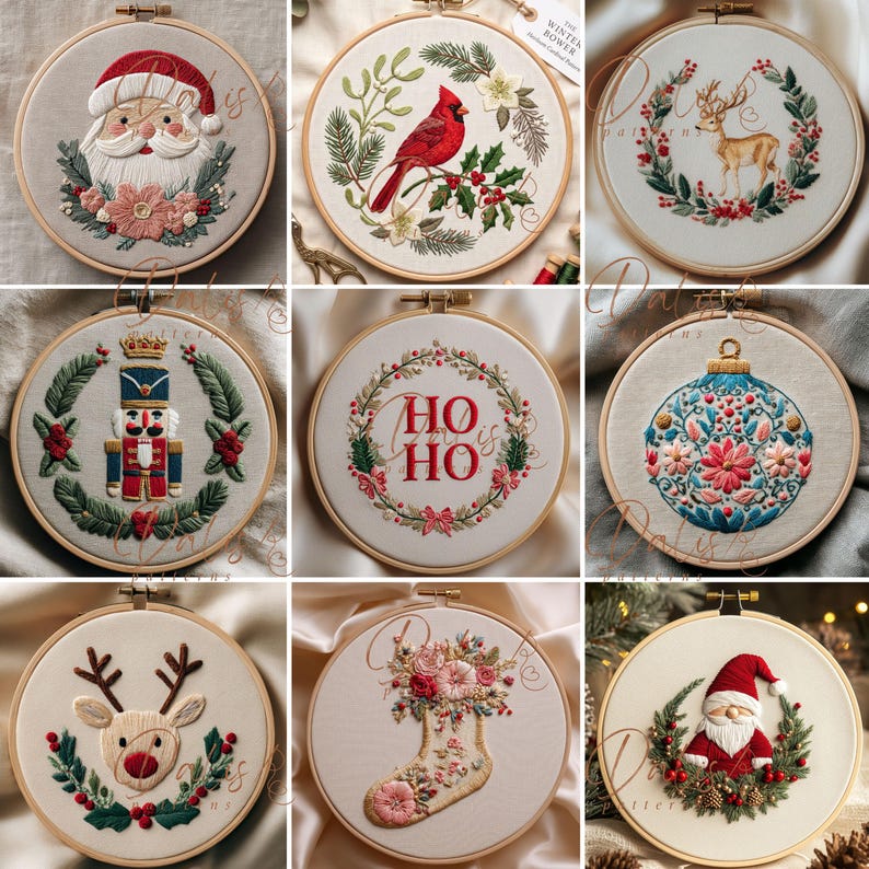 May include: A collection of nine circular embroidery hoops featuring holiday designs including Santa Claus, a cardinal, a deer, a nutcracker, the text HO HO, a floral ornament, a reindeer, a floral stocking, and a Santa figure in a wreath.