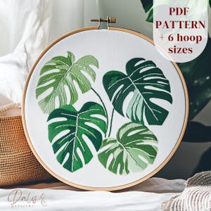 Monstera Leaves Hand Embroidery Design, Botanical Embroidery PDF Pattern, Beginner DIY Embroidery Hoop Art, House Plant Stitching Template
