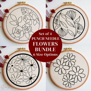 Könnte beinhalten: Set mit vier Stickmustern für die Nadelstanztechnik mit floralen Designs. Die Muster sind in Schwarzweiß gehalten und in Stickrahmen dargestellt. Der Text "Set of 4 PUNCH NEEDLE FLOWERS BUNDLE 6 Size Options" ist unterhalb der Rahmen abgebildet.