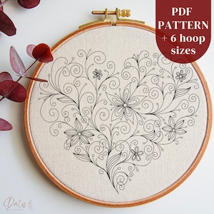 PDF-broderimönster med blommigt hjärta, handbroderidesign för DIY-hoopkonstprojekt, nålmönster för nybörjare, direktnedladdning