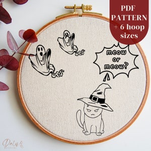 Motif de broderie effrayant à la main, motif de broderie chat effrayant mignon et fantômes, modèle PDF de broderie Halloween, broderie numérique à télécharger