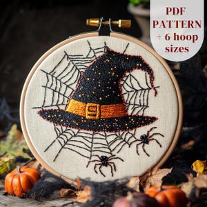 Witch Hat Hand Embroidery Design, Witchy Embroidery PDF Pattern, Beginner Embroidery Template, Halloween Embroidery Craft, Digital Download