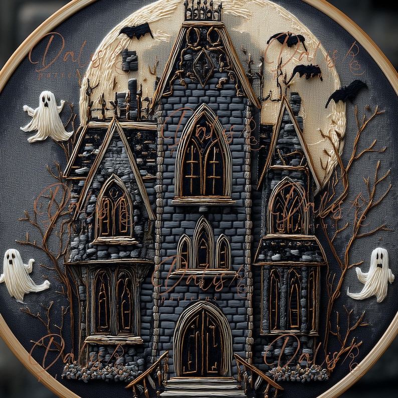 Haunted House Embroidery Pattern, Halloween Hand Embroidery Design ...