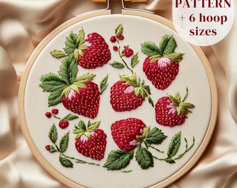 Diseño de bordado a mano de fresas, patrón de bordado de frutas de verano, patrón de costura de verano, PDF imprimible para bordado, descarga digital