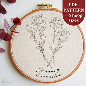 January Birth Month Flower Hand Embroidery PDF Pattern File: Carnation, Botanical Needlepoint Design for DIY Hoop Art, Instant Download