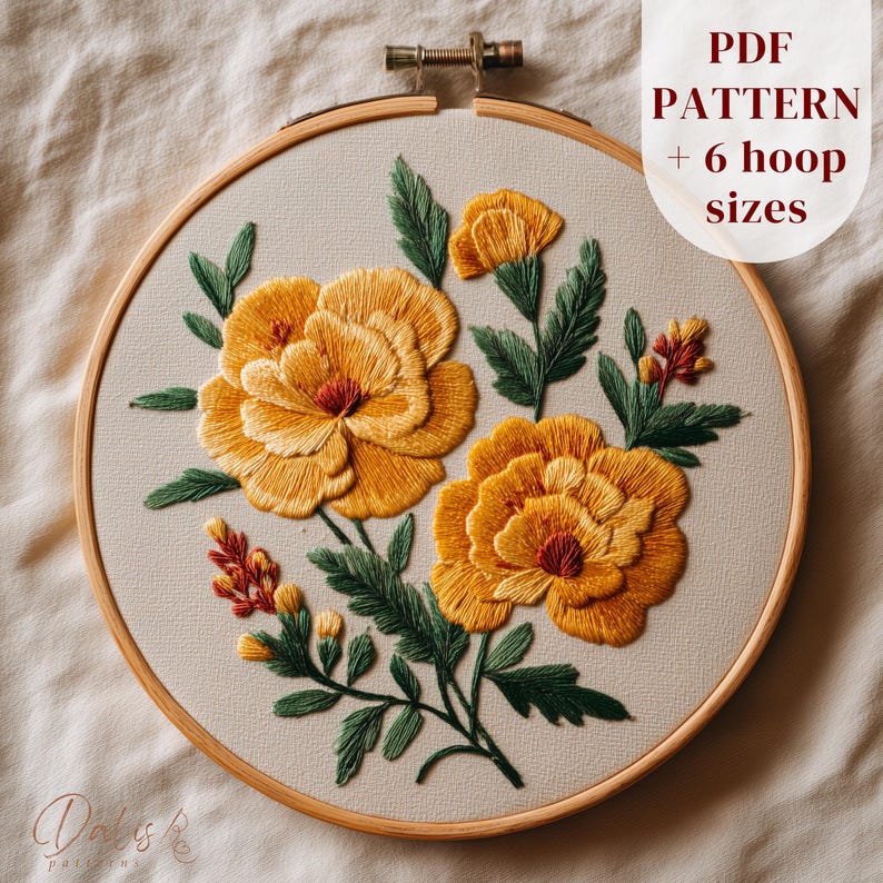 Vintage Botanical Marigold Embroidery Pattern, October Flower Hoop Art ...