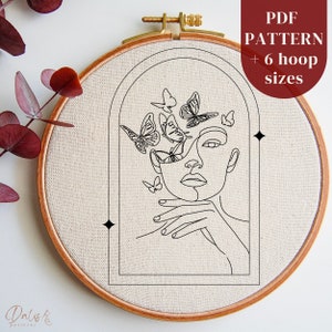 Modern Hand Embroidery Art PDF Pattern: Butterfly Lady Design, DIY Hoop Art Embrodery Digital File for Beginners, Instant Download