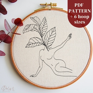 Modern Female Embroidery Pattern Design, Woman Silhouette with Leaves, Line Art Digital Embroidery Template, Beginners Hand Stitching File