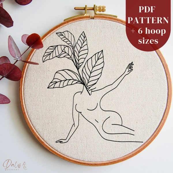 Modern Female Embroidery Design, Woman Silhouette with Leaves Pattern, Minimal Line Art Embroidery Design for Beginners, Instant Download