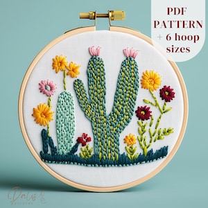 Patrón de bordado a mano para principiantes en PDF, diseño de bordado de cactus, plantilla de bordado de plantas, patrón de costura de cactus, arte de bordado DIY
